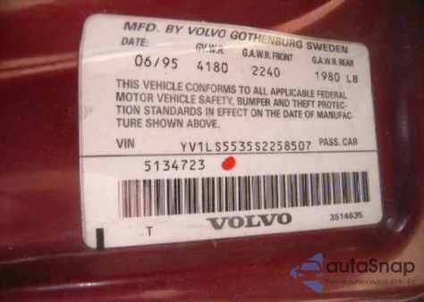 1995 Volvo 850 Glt z USA, uszkodzony, nr VIN YV1LS5535S2258507